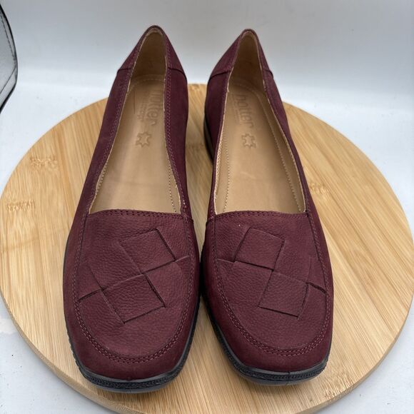 Hotter Havana Women's US 10 Low Wedge Loafer Burgundy Nubuck Woven Leather Toe - Picture 2 of 11